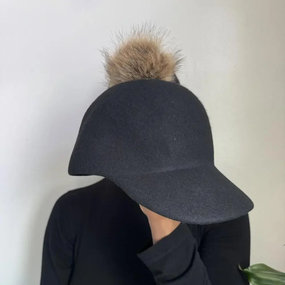 Nine West 100% Wool‎ Riding Cap with Faux Fur Pom